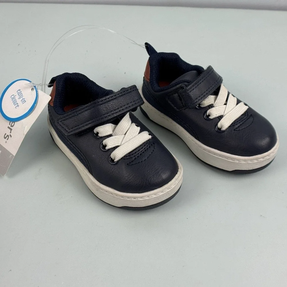 Carters Infant Boy Toddler Shoes Size 4 NWT Navy White Brown Easy On Closure